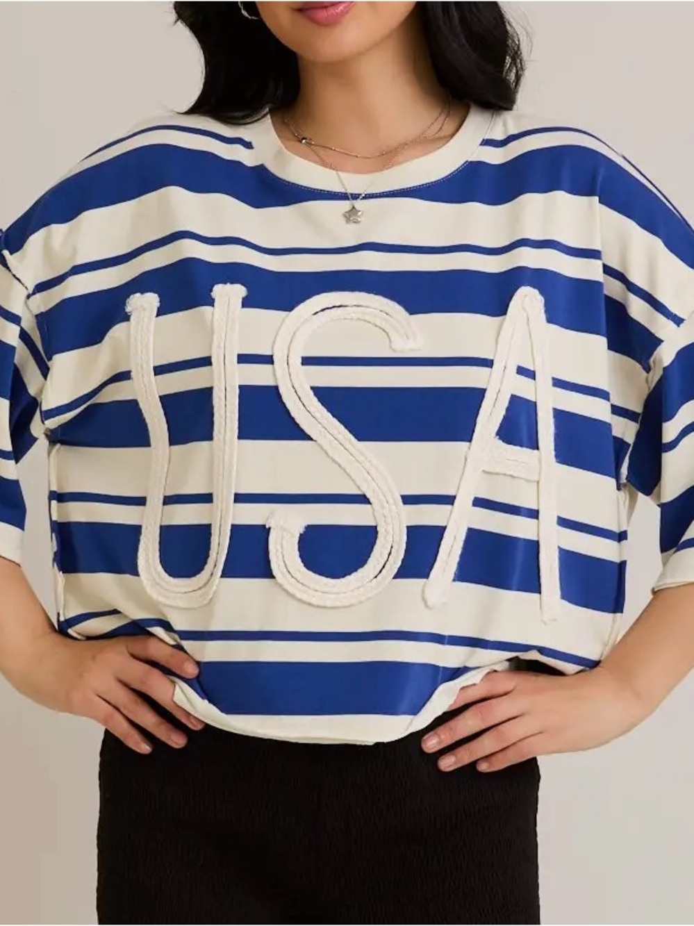Striped Blue and White Usa Appliqué Tee - Women